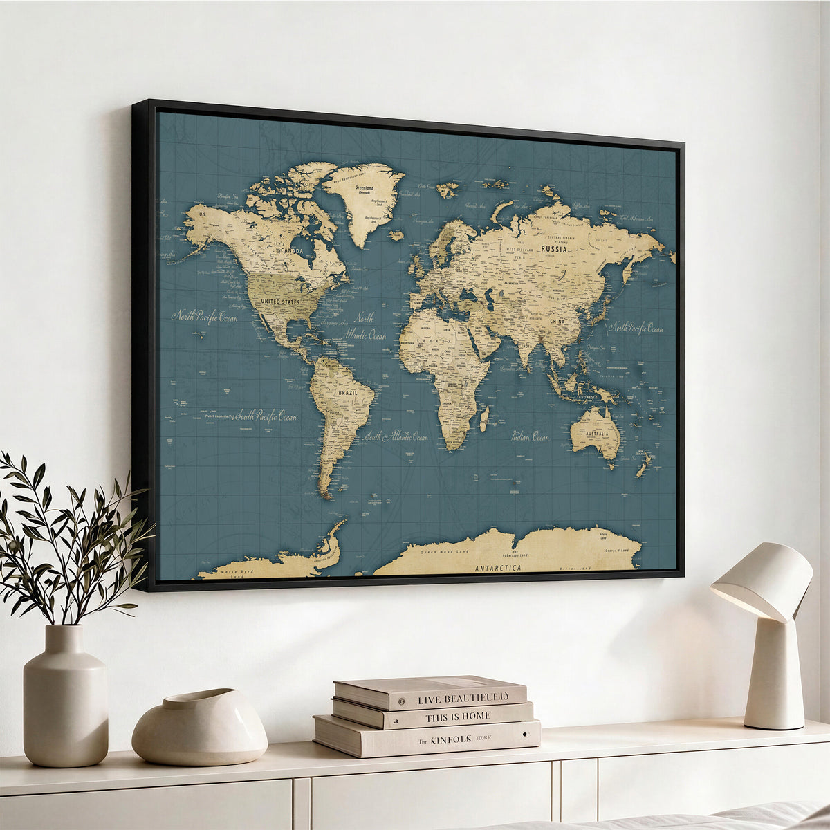 99599383-MGV-CV-36X24 - Minimal Vintage World Map Canvas Wall Art Print, Neutral