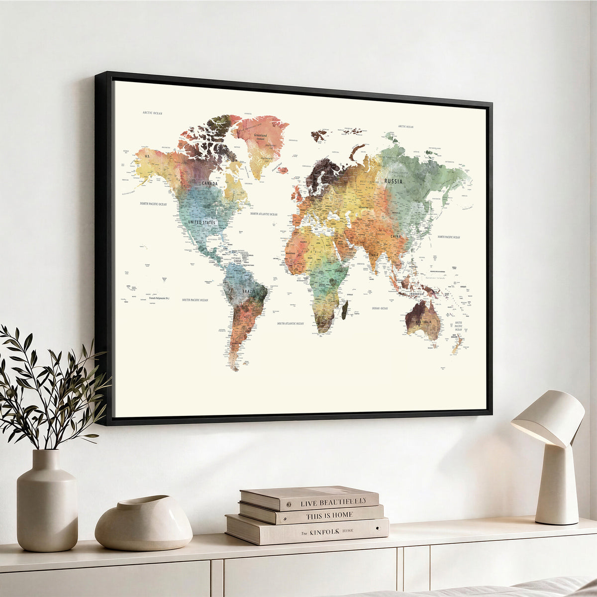 64206059-MGV-CV-36X24 - Framed World Map Wall Art Canvas Print for Living Room and Study Room