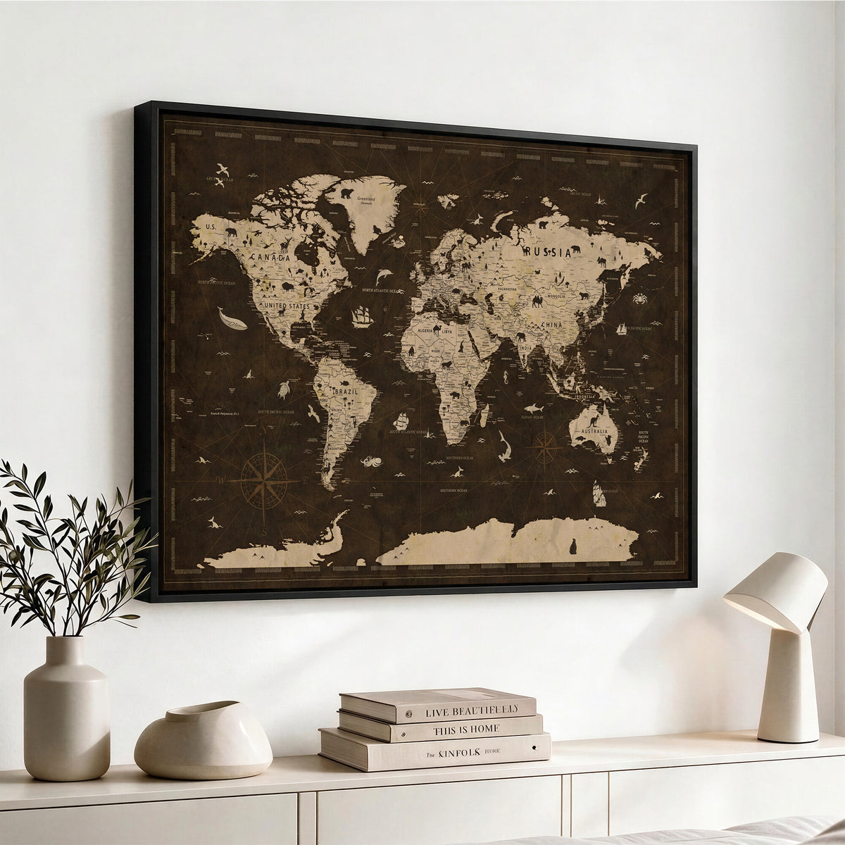44276398-MGV-CV-36X24 - World Map Wall Art Canvas Print, Modern Decorative Framed Map Artwork Prints for Living Room, Office, Bedroom Wall Decor