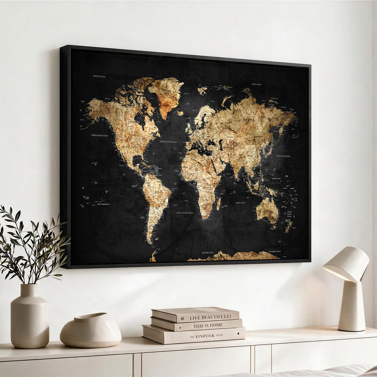 23568589-MGV-CV-36X24 - World Map Wall Art Canvas Print, Modern Decorative Framed Map Artwork Prints for Living Room, Office, Bedroom Wall Decor
