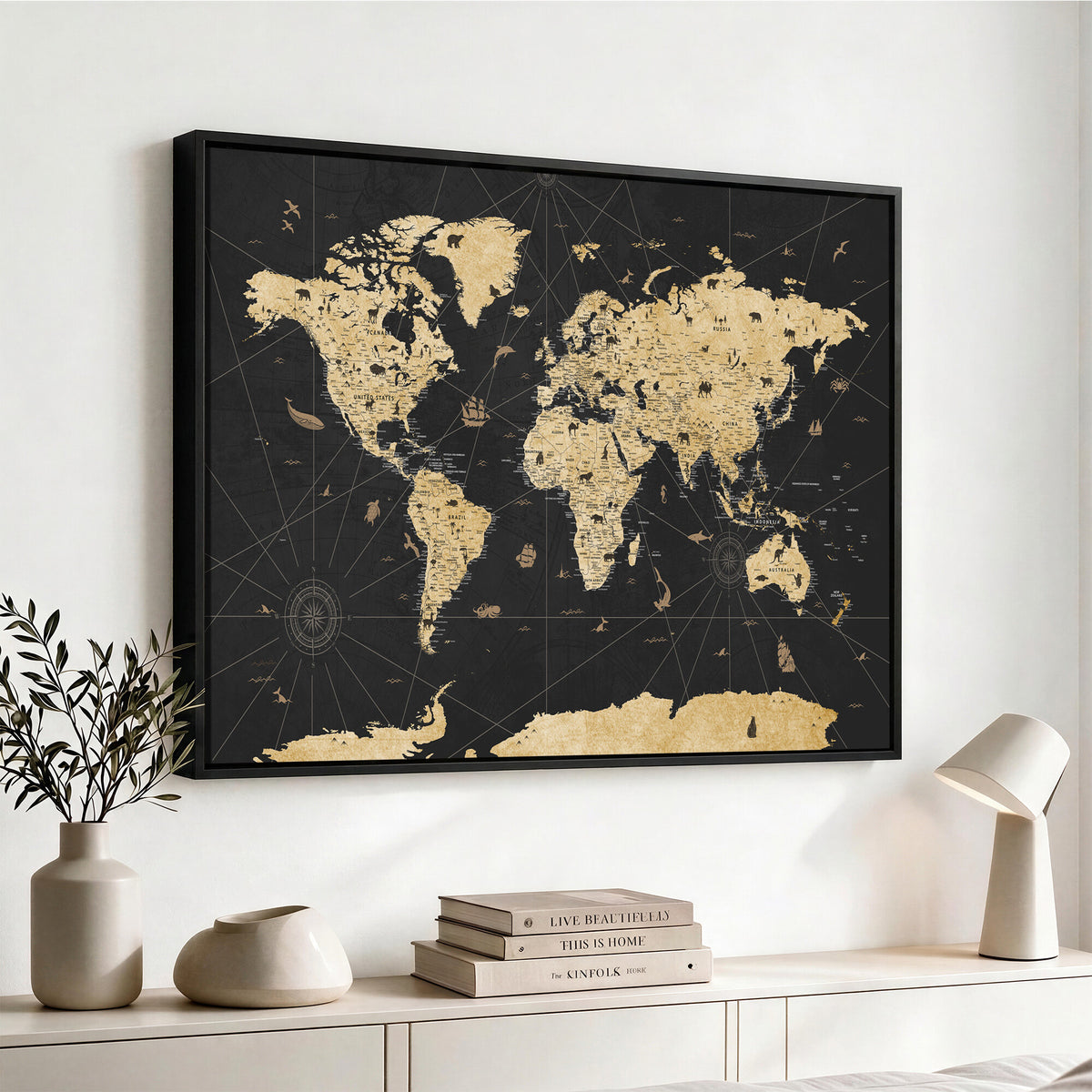 80270976-MGV-CV-36X24 - World Map Wall Art Canvas Print, Modern Decorative Framed Map Artwork Prints for Living Room, Office, Bedroom Wall Decor