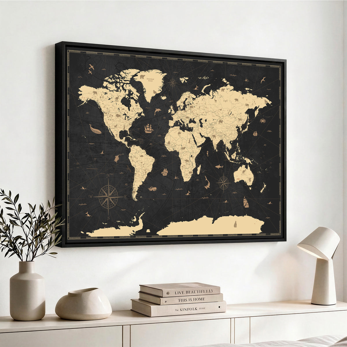 75220264-MGV-CV-36X24 - World Map Wall Art Canvas Print, Modern Decorative Framed Map Artwork Prints for Living Room, Office, Bedroom Wall Decor