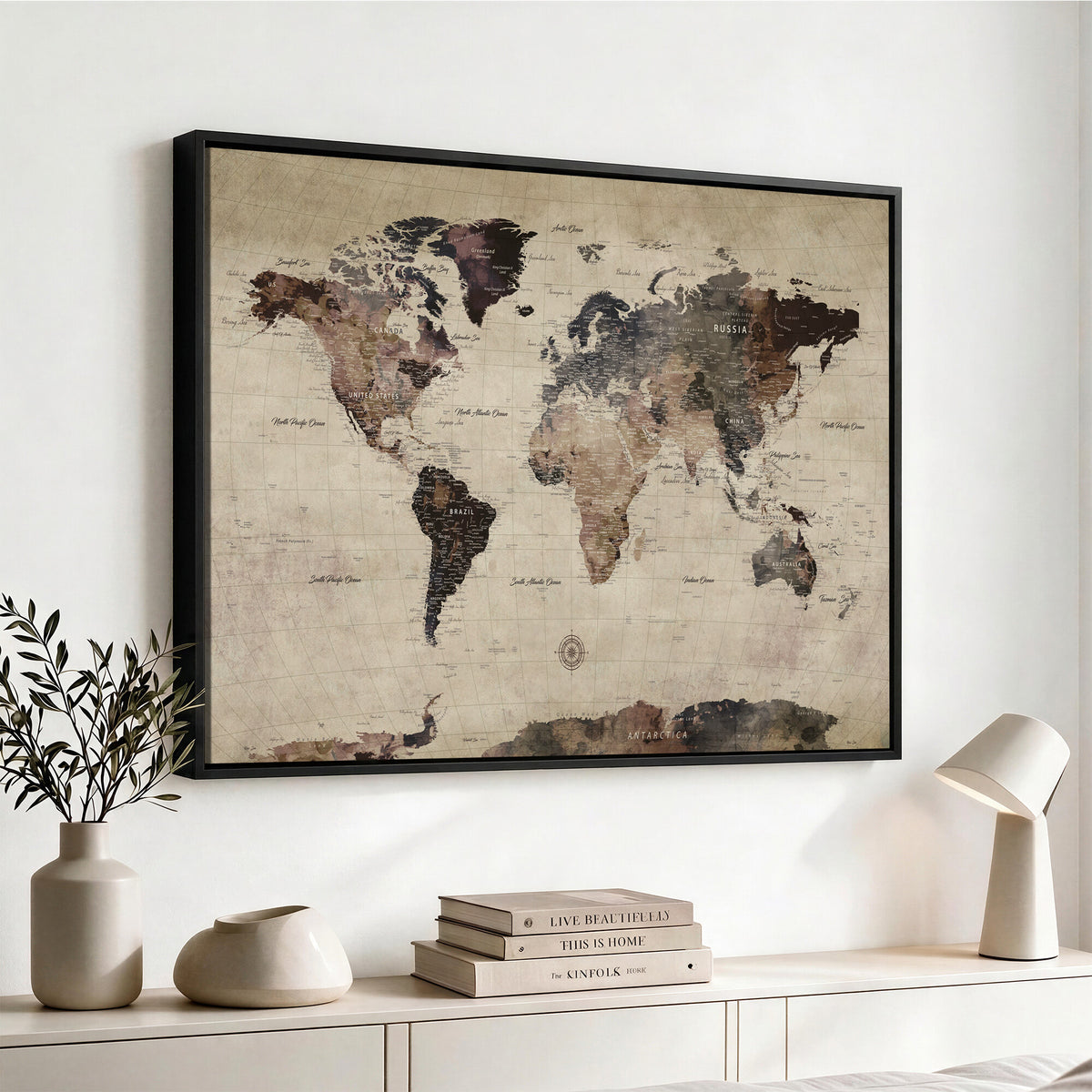 60560672-MGV-CV-36X24 - World Map Wall Art Canvas Print, Modern Decorative Framed Map Artwork Prints for Living Room, Office, Bedroom Wall Decor