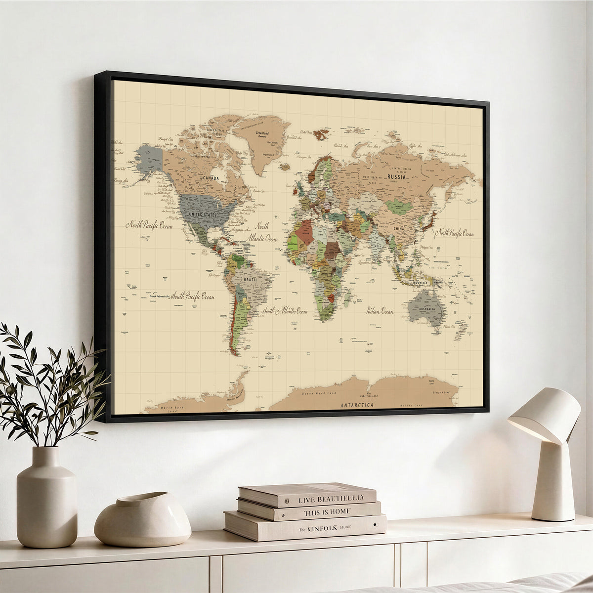 31407854-MGV-CV-36X24 - World Map Wall Art Canvas Print, Modern Decorative Framed Map Artwork Prints for Living Room, Office, Bedroom Wall Decor