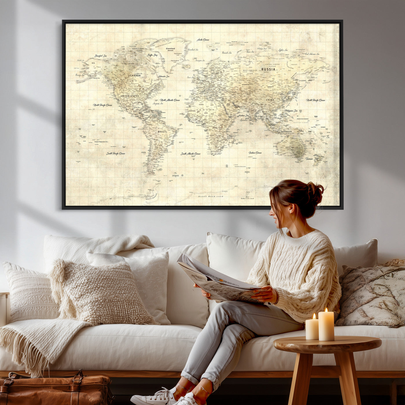 17101439-MGV-CV-36X24 - World Map Wall Art Canvas Print, Modern Decorative Framed Map Artwork Prints for Living Room, Office, Bedroom Wall Decor