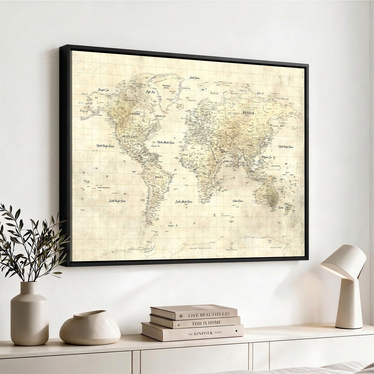 17101439-MGV-CV-36X24 - World Map Wall Art Canvas Print, Modern Decorative Framed Map Artwork Prints for Living Room, Office, Bedroom Wall Decor