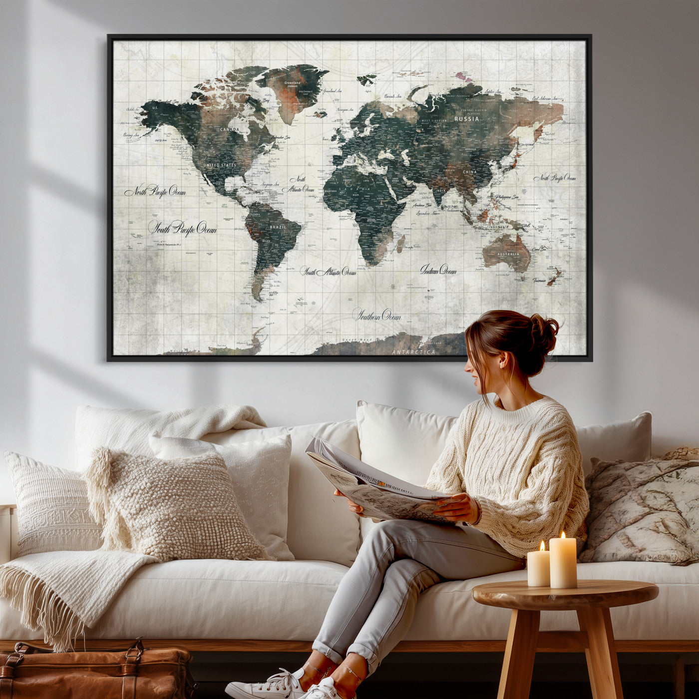 91179593-MGV-CV-36X24 - World Map Wall Art Canvas Print, Modern Decorative Framed Map Artwork Prints for Living Room, Office, Bedroom Wall Decor