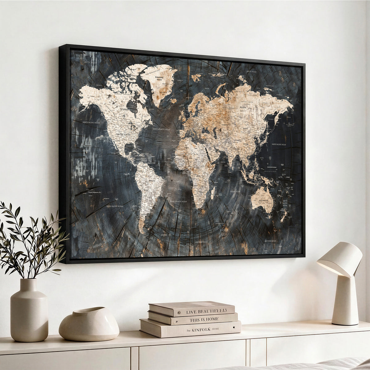 89162112-MGV-CV-36X24 - World Map Wall Art Canvas Print, Modern Decorative Framed Map Artwork Prints for Living Room, Office, Bedroom Wall Decor