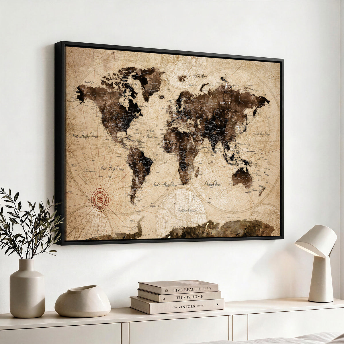 47657418-MGV-CV-36X24 - World Map Wall Art Canvas Print, Modern Decorative Framed Map Artwork Prints for Living Room, Office, Bedroom Wall Decor