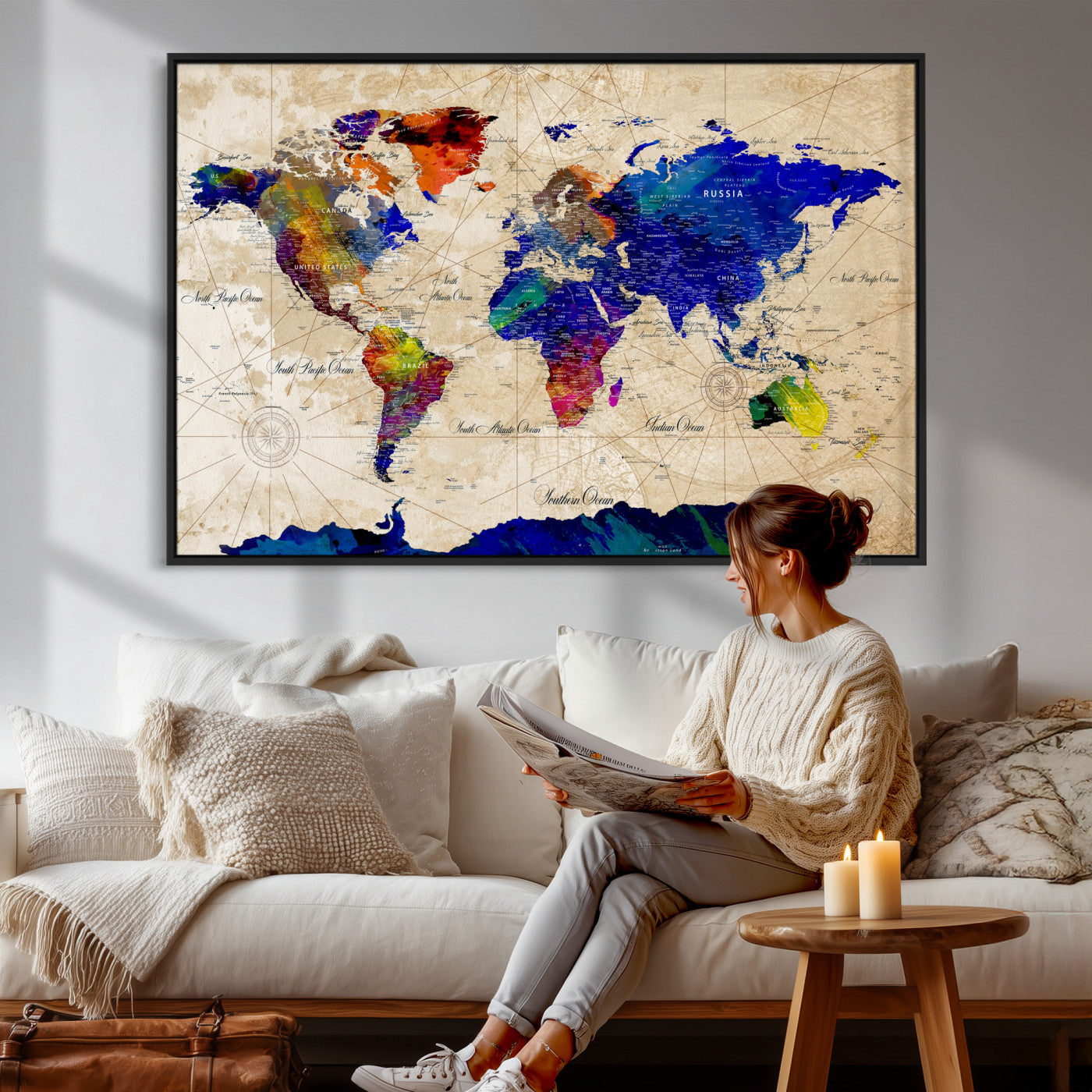 26284075-MGV-CV-36X24 - World Map Wall Art Canvas Print, Modern Decorative Framed Map Artwork Prints for Living Room, Office, Bedroom Wall Decor