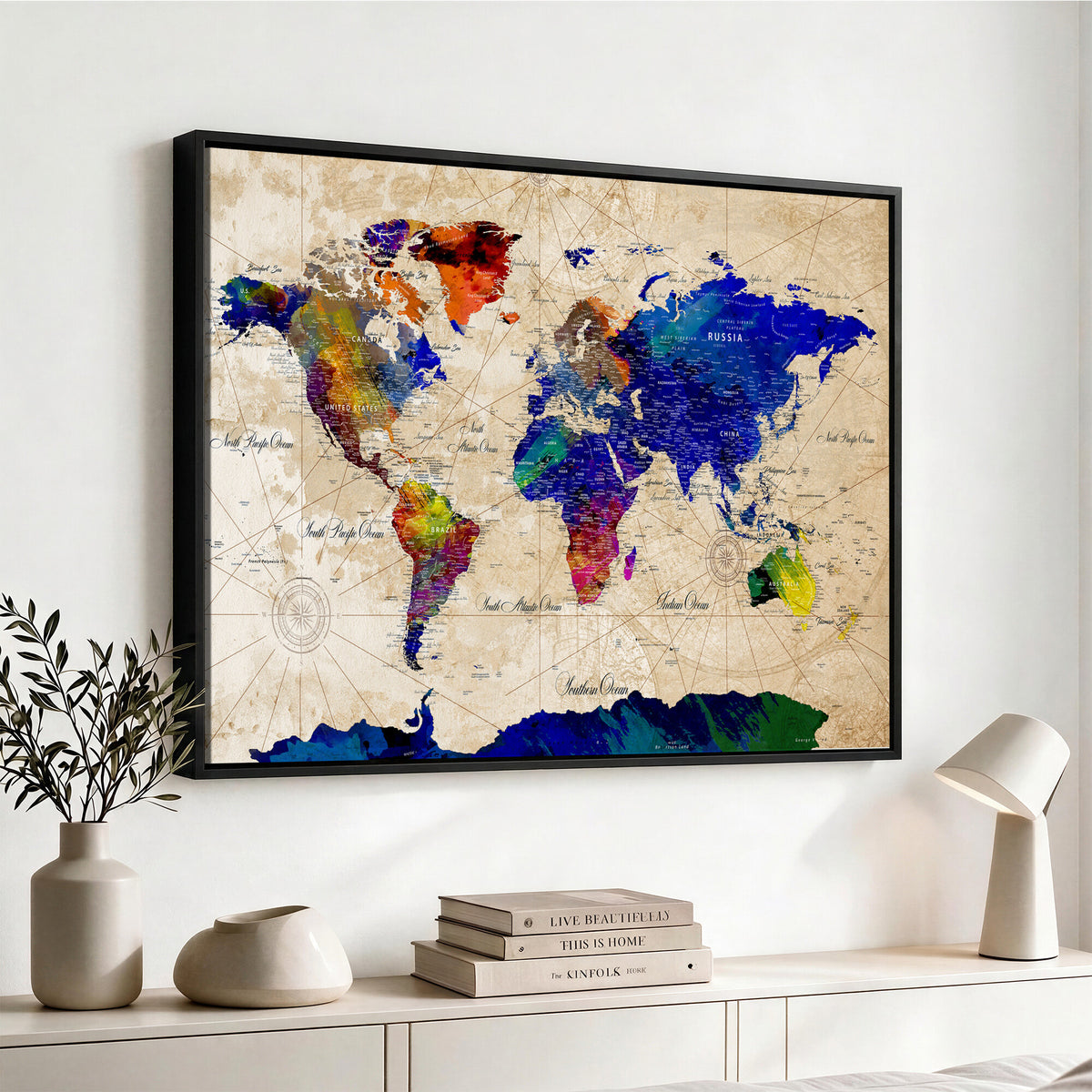 26284075-MGV-CV-36X24 - World Map Wall Art Canvas Print, Modern Decorative Framed Map Artwork Prints for Living Room, Office, Bedroom Wall Decor