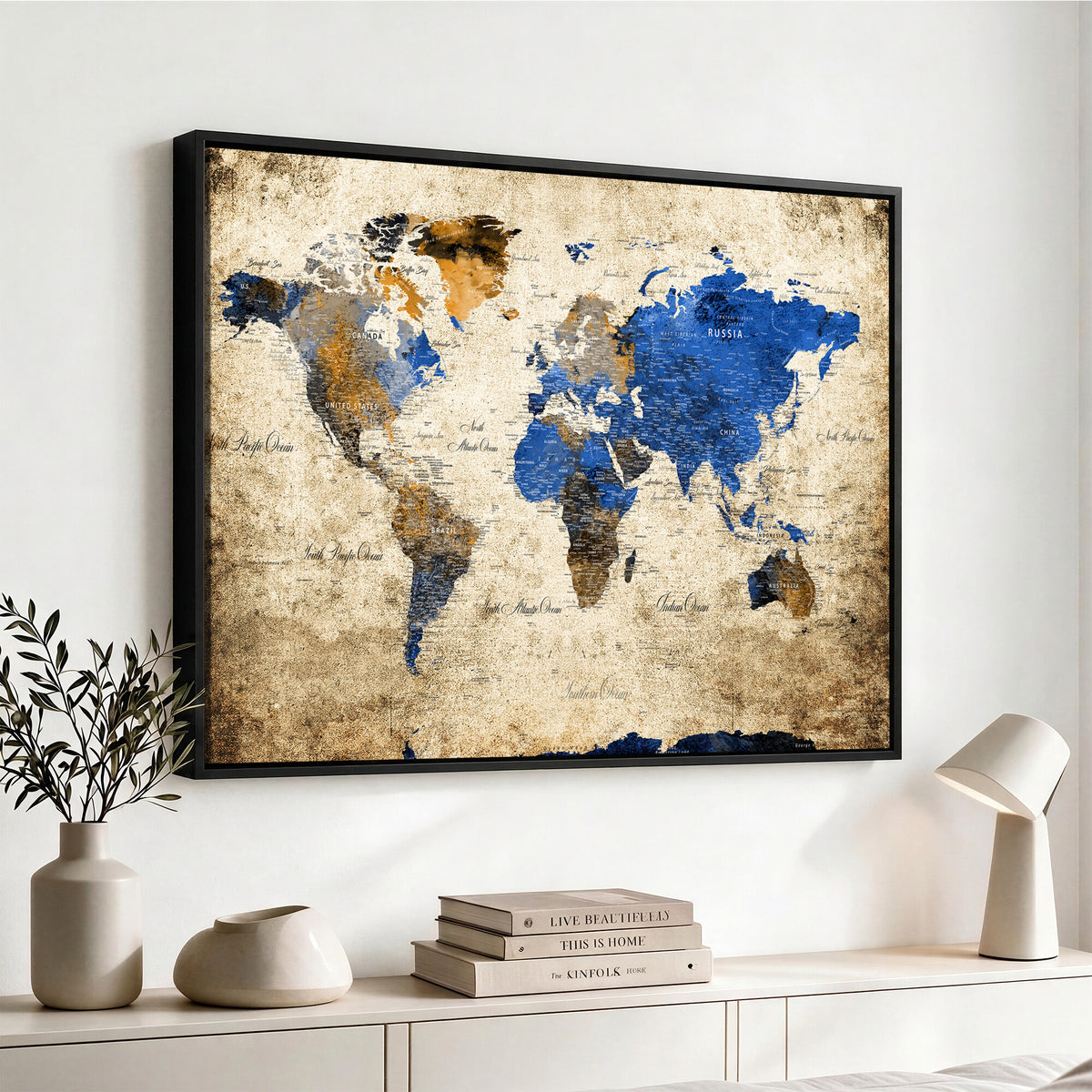 27314341-MGV-CV-36X24 - World Map Wall Art Canvas Print, Modern Decorative Framed Map Artwork Prints for Living Room, Office, Bedroom Wall Decor