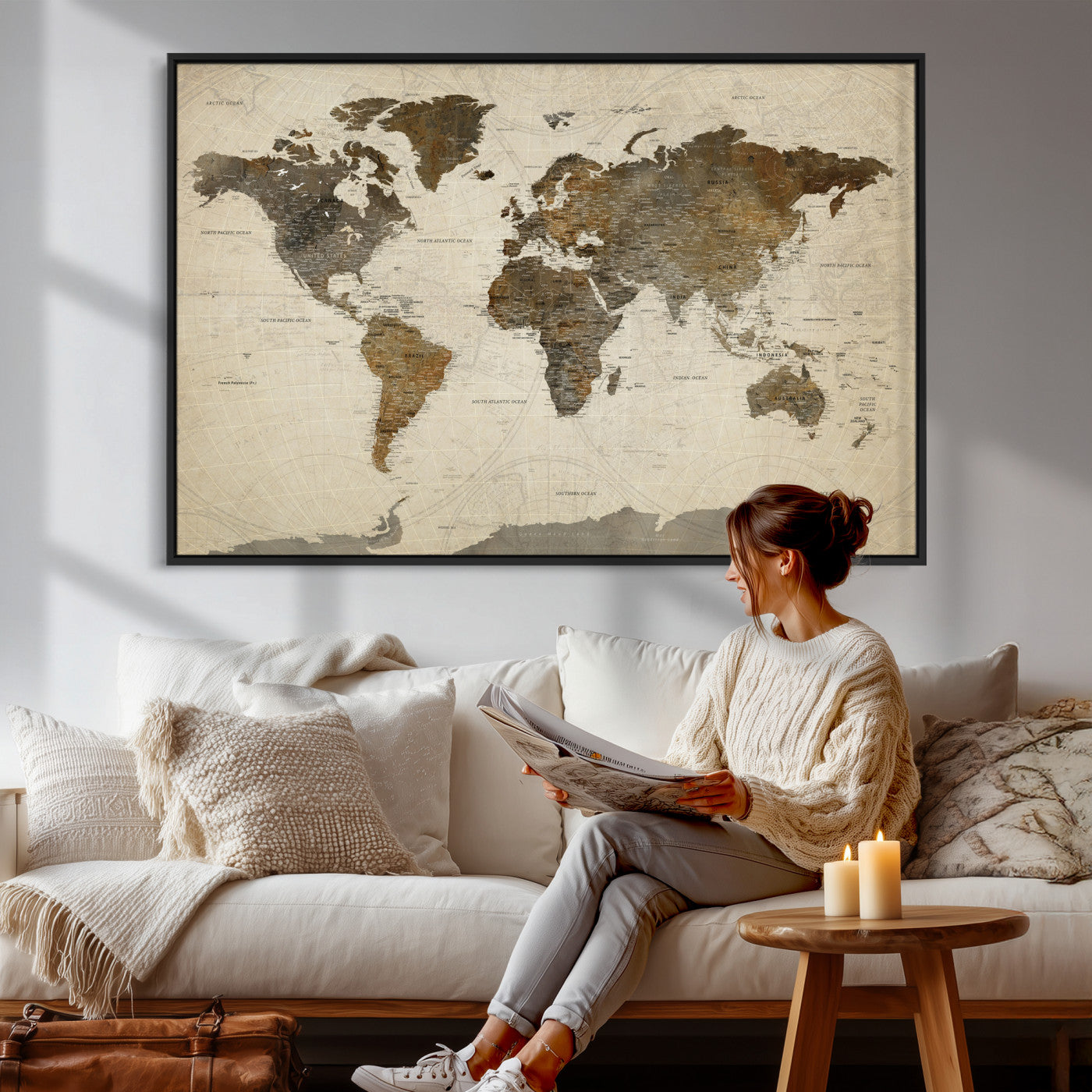 49623468-MGV-CV-36X24 - World Map Wall Art Canvas Print, Modern Decorative Framed Map Artwork Prints for Living Room, Office, Bedroom Wall Decor