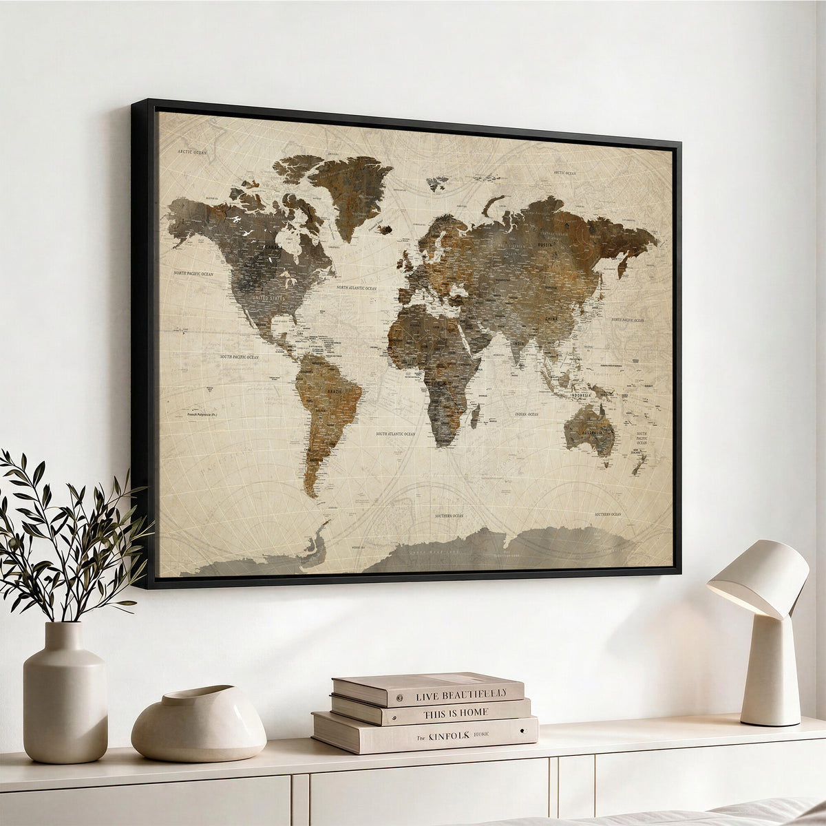 49623468-MGV-CV-36X24 - World Map Wall Art Canvas Print, Modern Decorative Framed Map Artwork Prints for Living Room, Office, Bedroom Wall Decor