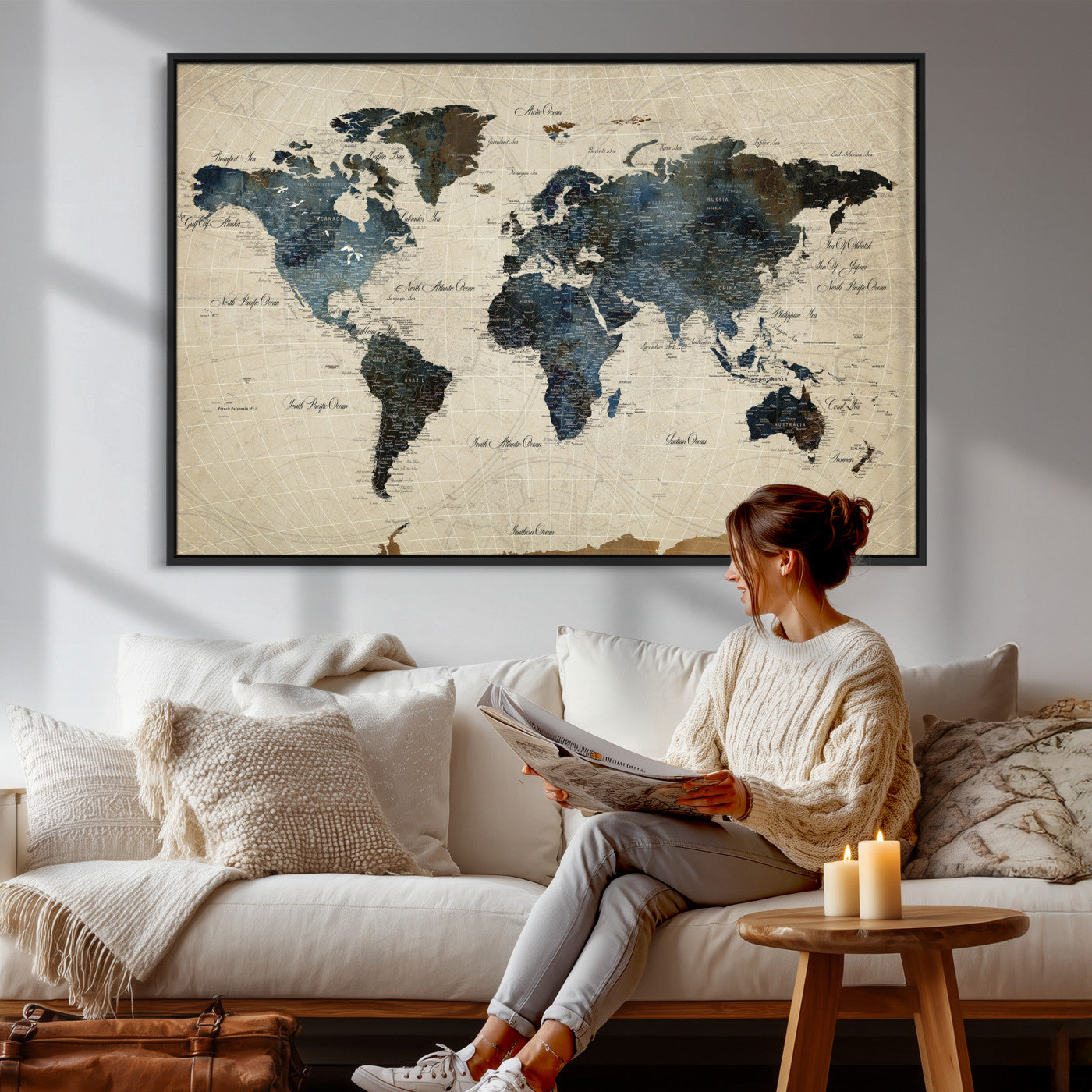 72927803-MGV-CV-36X24 - World Map Wall Art Canvas Print, Modern Decorative Framed Map Artwork Prints for Living Room, Office, Bedroom Wall Decor