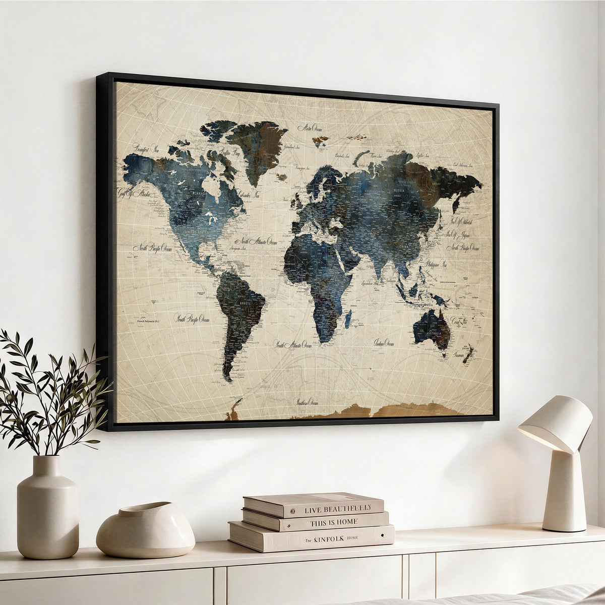 72927803-MGV-CV-36X24 - World Map Wall Art Canvas Print, Modern Decorative Framed Map Artwork Prints for Living Room, Office, Bedroom Wall Decor
