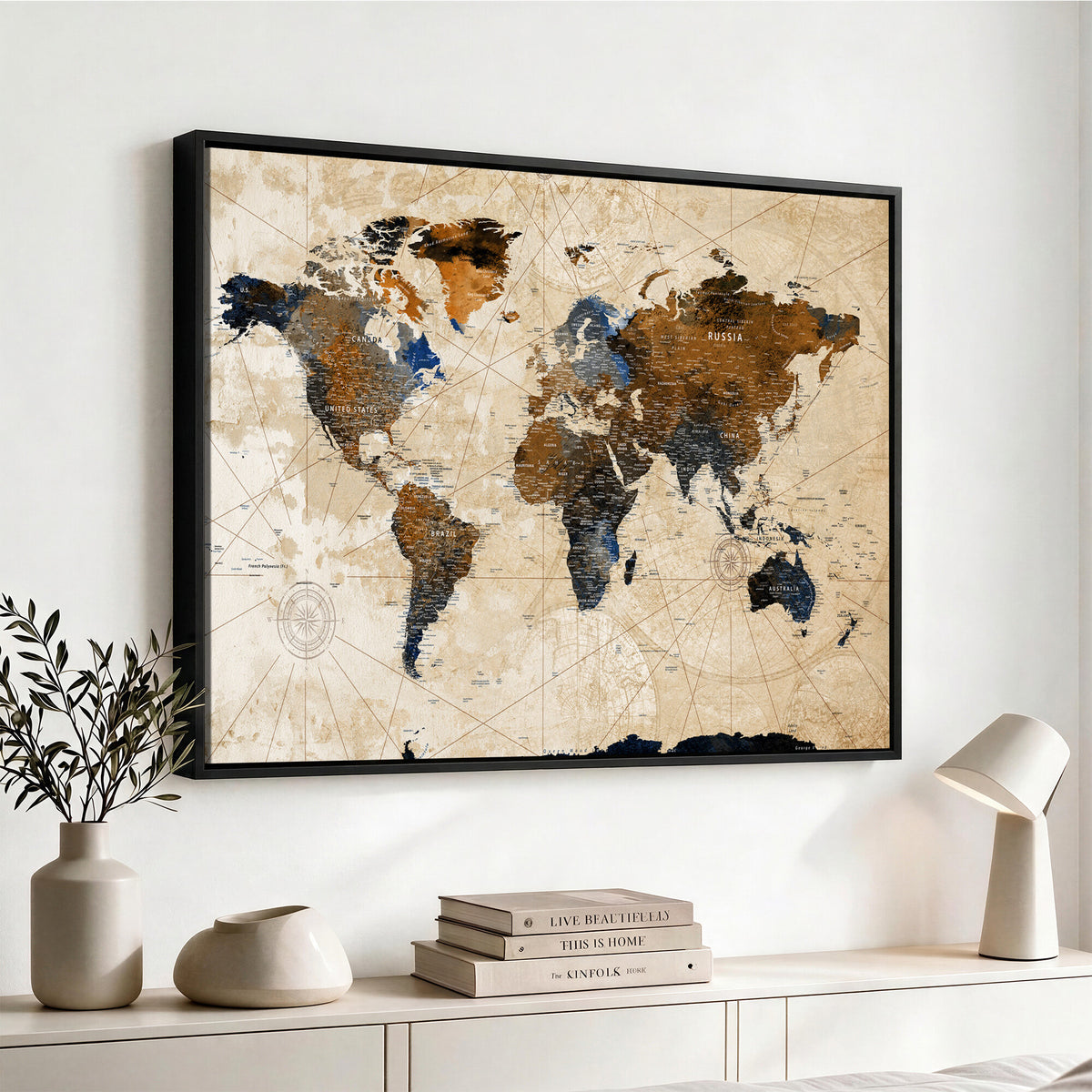 15727090-MGV-CV-36X24 - World Map Wall Art Canvas Print, Modern Decorative Framed Map Artwork Prints for Living Room, Office, Bedroom Wall Decor