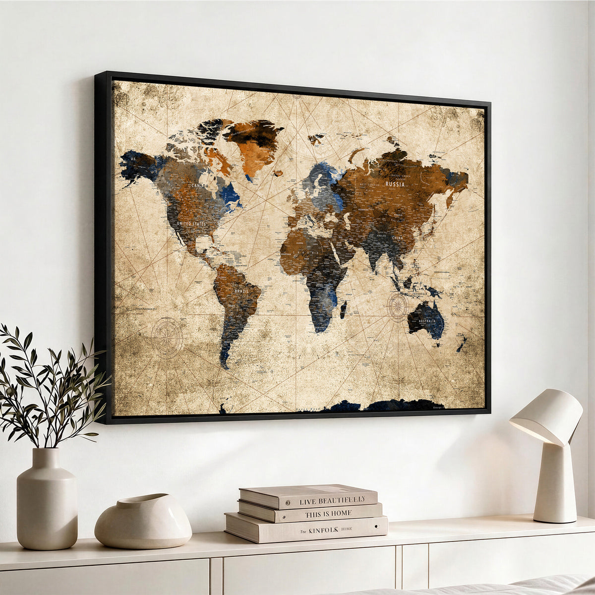 27163414-MGV-CV-36X24 - World Map Wall Art – Rustic Earth Tone Canvas Print, Antique