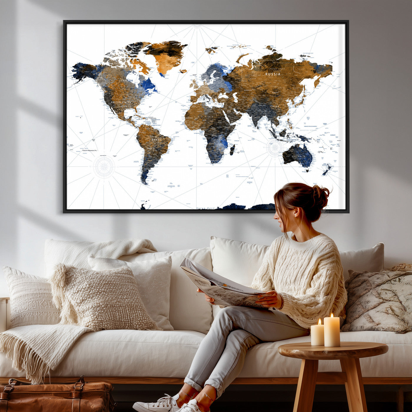 56364879-MGV-CV-36X24 - World Map Wall Art Canvas Print, Modern Decorative Framed Map Artwork Prints for Living Room Decor