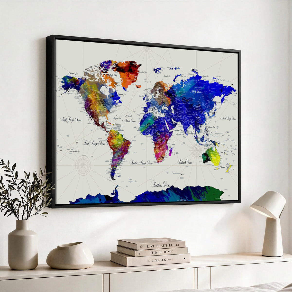 49670038-MGV-CV-36X24 - World Map Wall Art Canvas Print, Modern Decorative Framed Map Artwork Prints for Living Room, Office, Bedroom Wall Decor