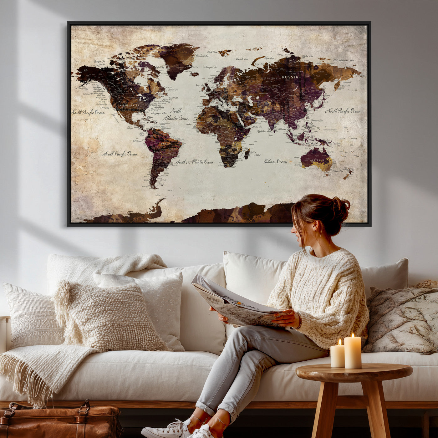 50611123-MGV-CV-36X24 - World Map Canvas Triptych – Colorful Global Wall Art for Living Rooms, Offices, and Study Spaces