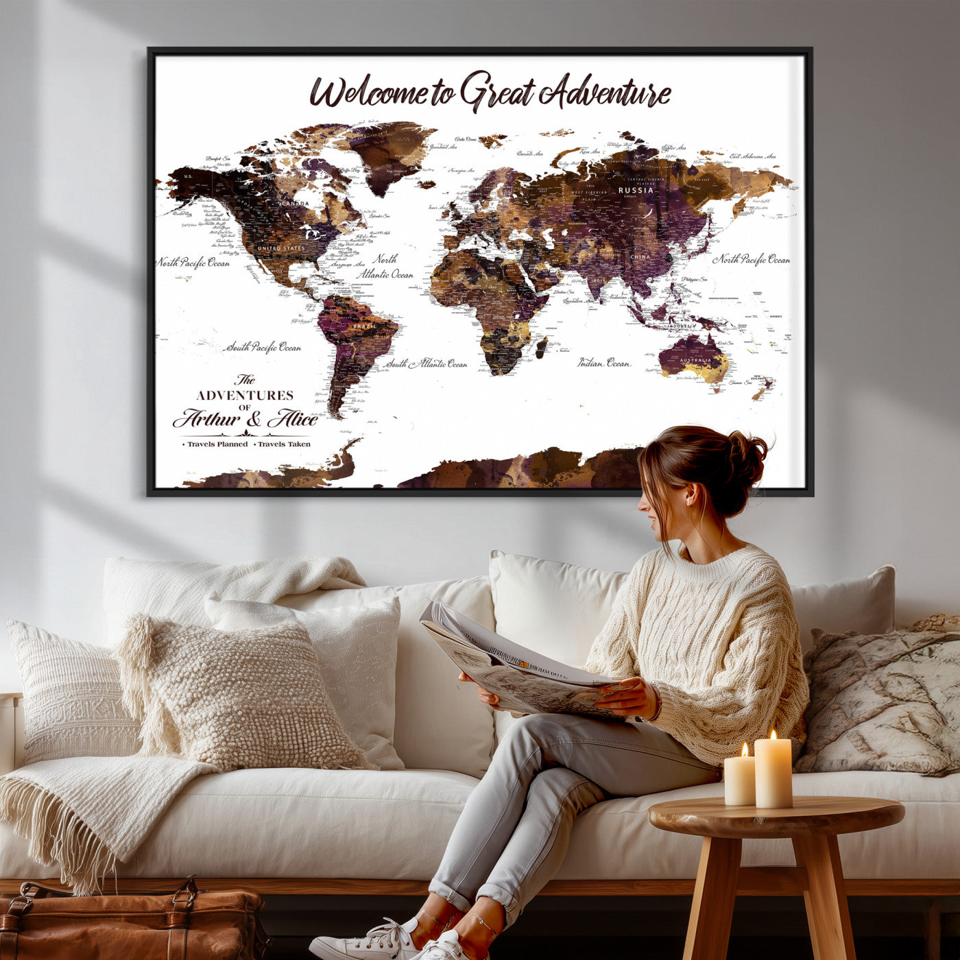 64110391125-MGV-CV-36X24 - Custom Push Pin World Map Wall Art Canvas Print – Personalized Travel Tracker with Pins Framed Large for Home and Office Decor