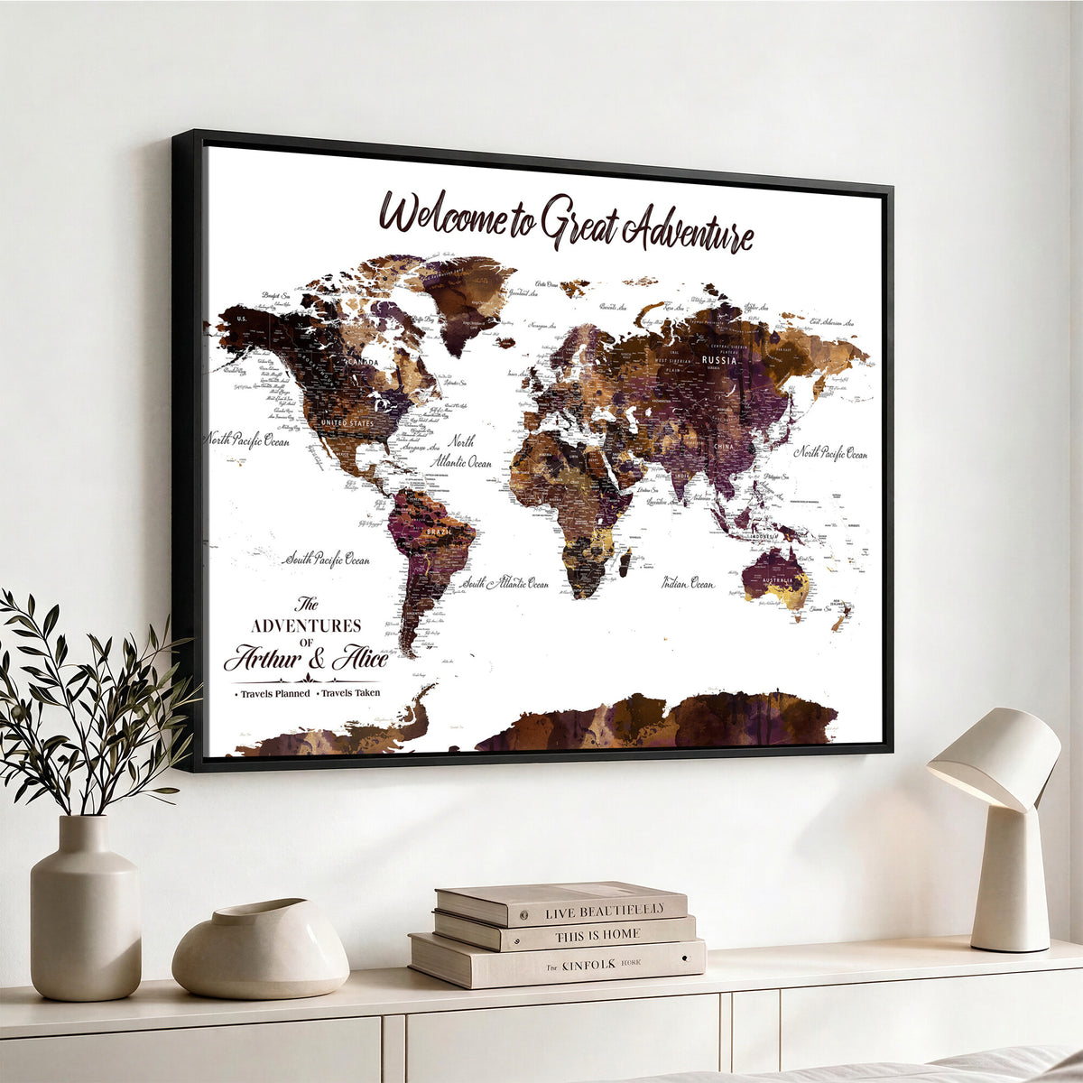 64110391125-MGV-CV-36X24 - Custom Push Pin World Map Wall Art Canvas Print | Personalized Travel Map