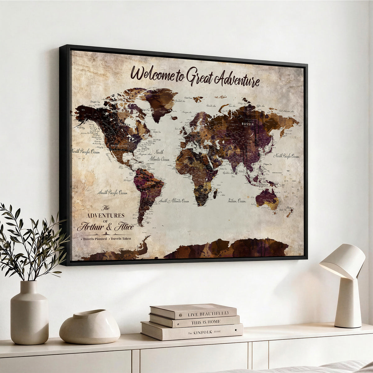 64110391126-MGV-CV-36X24 - Custom Beige World Travel Map Wall Art with Pins, Places Visited Tracker, Family Room and Entryway Decor