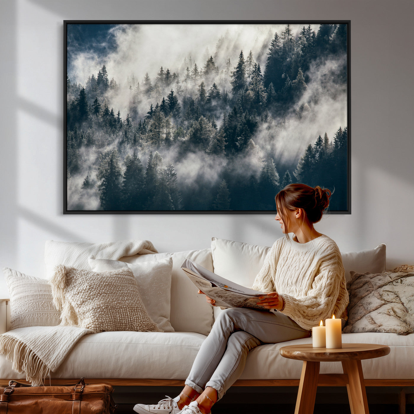 63405824-MGV-CV-36X24 - Foggy Mountain Forest Canvas Print, Misty Pine Trees Nature Wall Art, Framed Canvas Ready to Hang