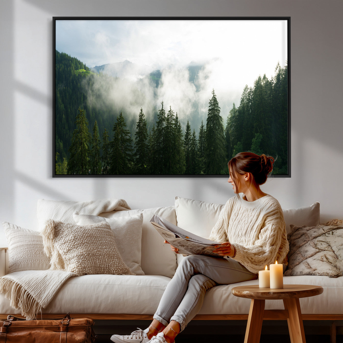 67174129-MGV-CV-36X24 - Misty Mountain Forest Canvas Print, Foggy Pine Trees Nature Wall Art, Framed Canvas Ready to Hang