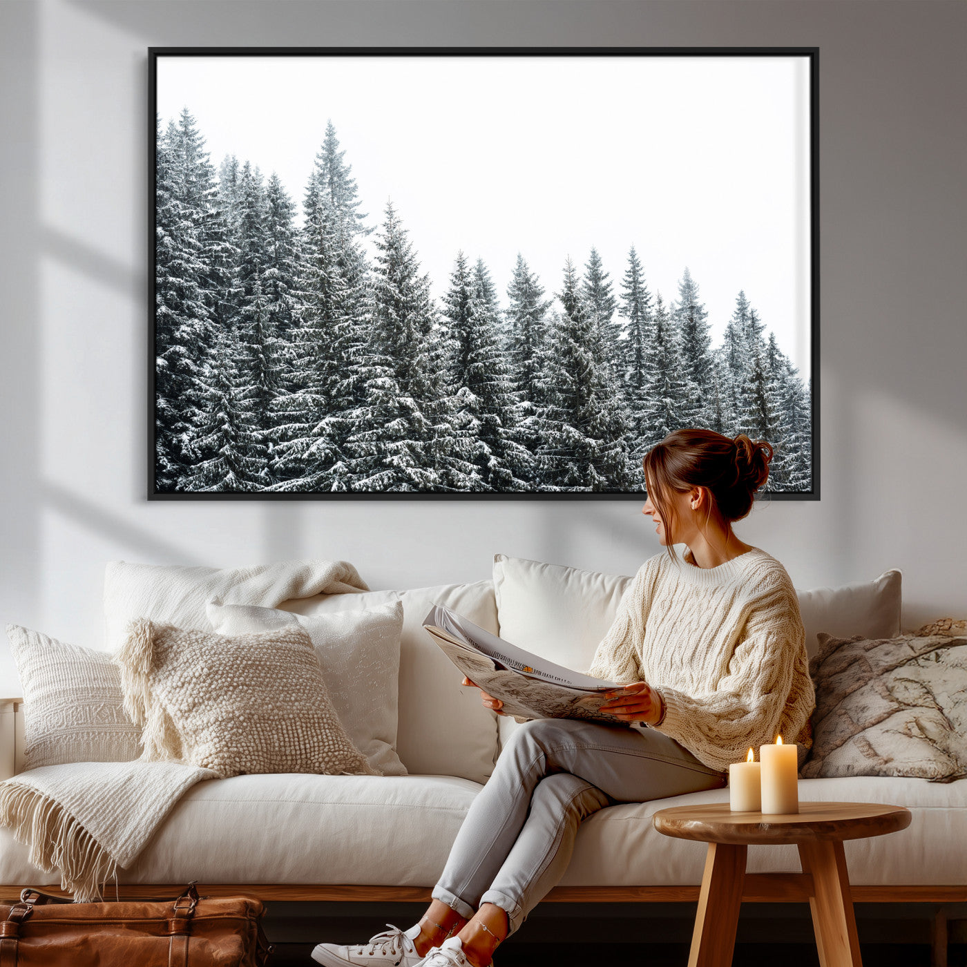 69566941-MGV-CV-36X24 - Misty Mountain Forest Canvas Print, Foggy Pine Trees Nature Wall Art, Framed Canvas Ready to Hang