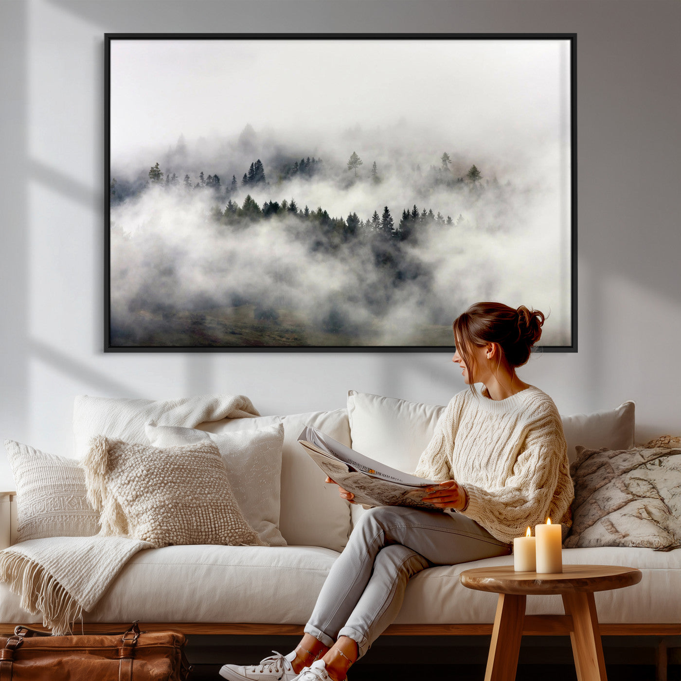 63235457-MGV-CV-36X24 - Foggy Forest Wall Art Canvas Print, Misty Pine Tree Landscape Wall Art Print, Framed Wall Art Ready to Hang