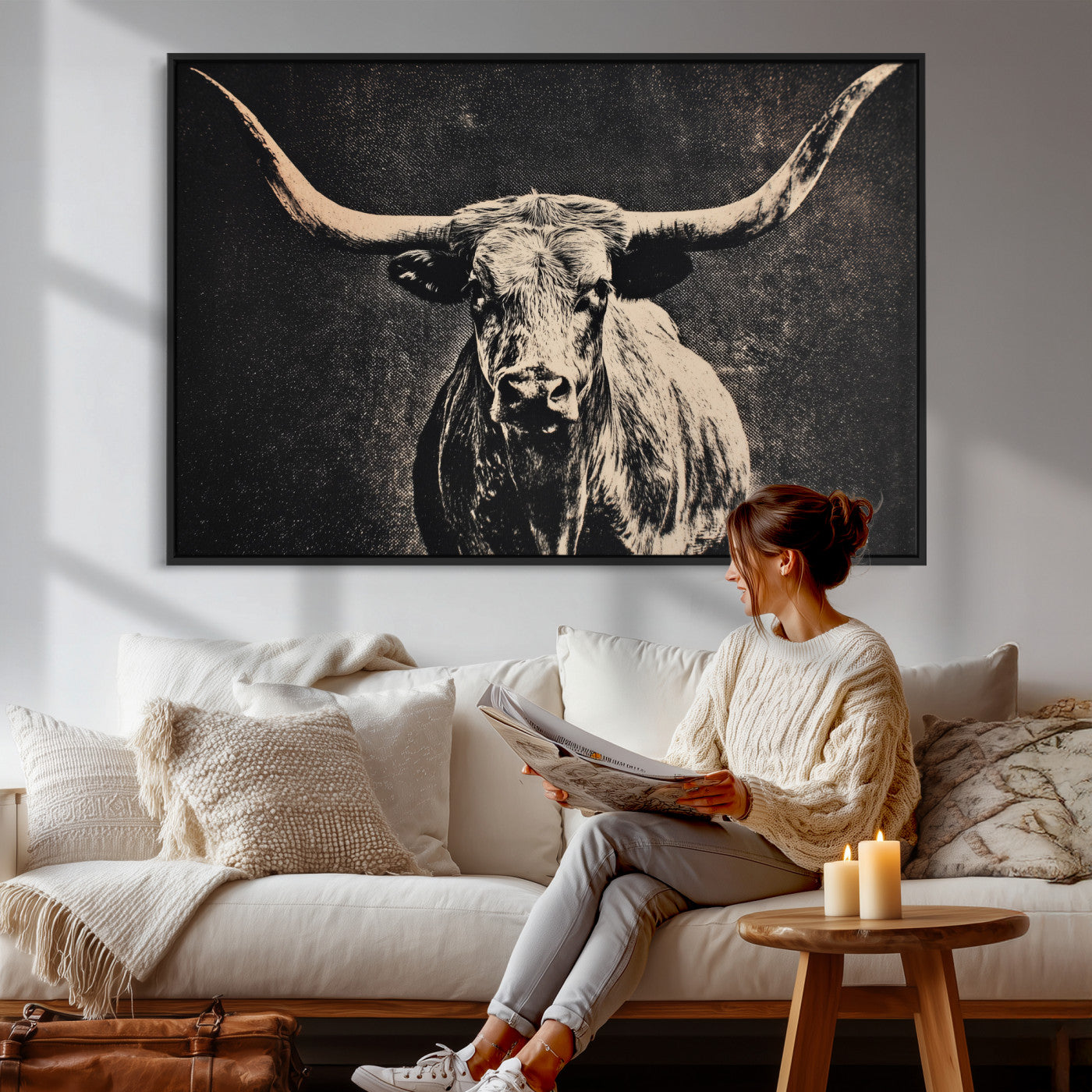 27394218-MGV-CV-36X24 - Vintage Texas Longhorn Bull Wall Art Canvas Print, Cow Portrait Photography Print, Framed Wall Art Ready to Hang