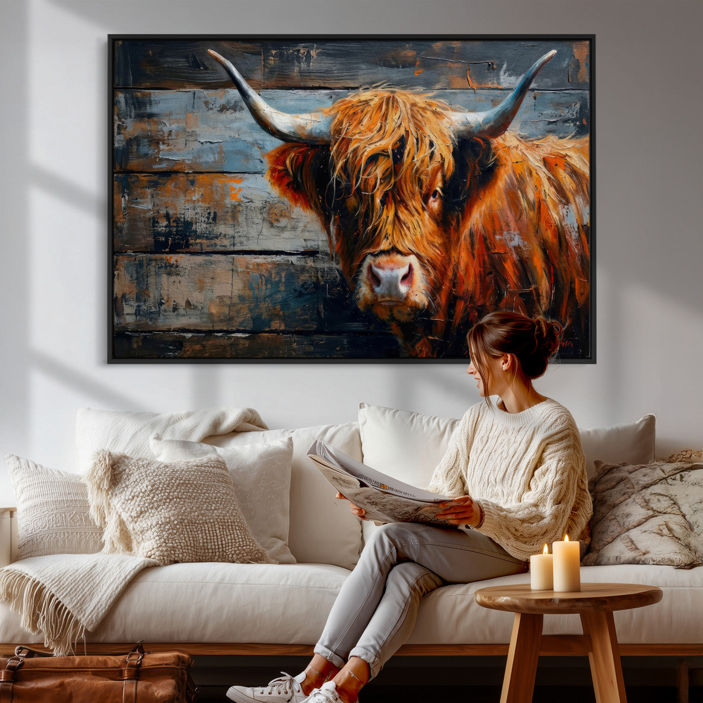 90271423-MGV-CV-36X24 - Highland Cow Wall Art Canvas Print, Abstract Rustic Farm Animal Wall Art Print, Framed Wall Art Ready to Hang