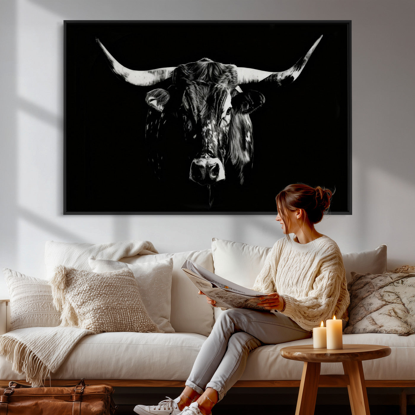 21436434-MGV-CV-36X24 - Black Bull Wall Art Canvas Print, Dark Longhorn Portrait Photography, Framed Wall Art Ready to Hang