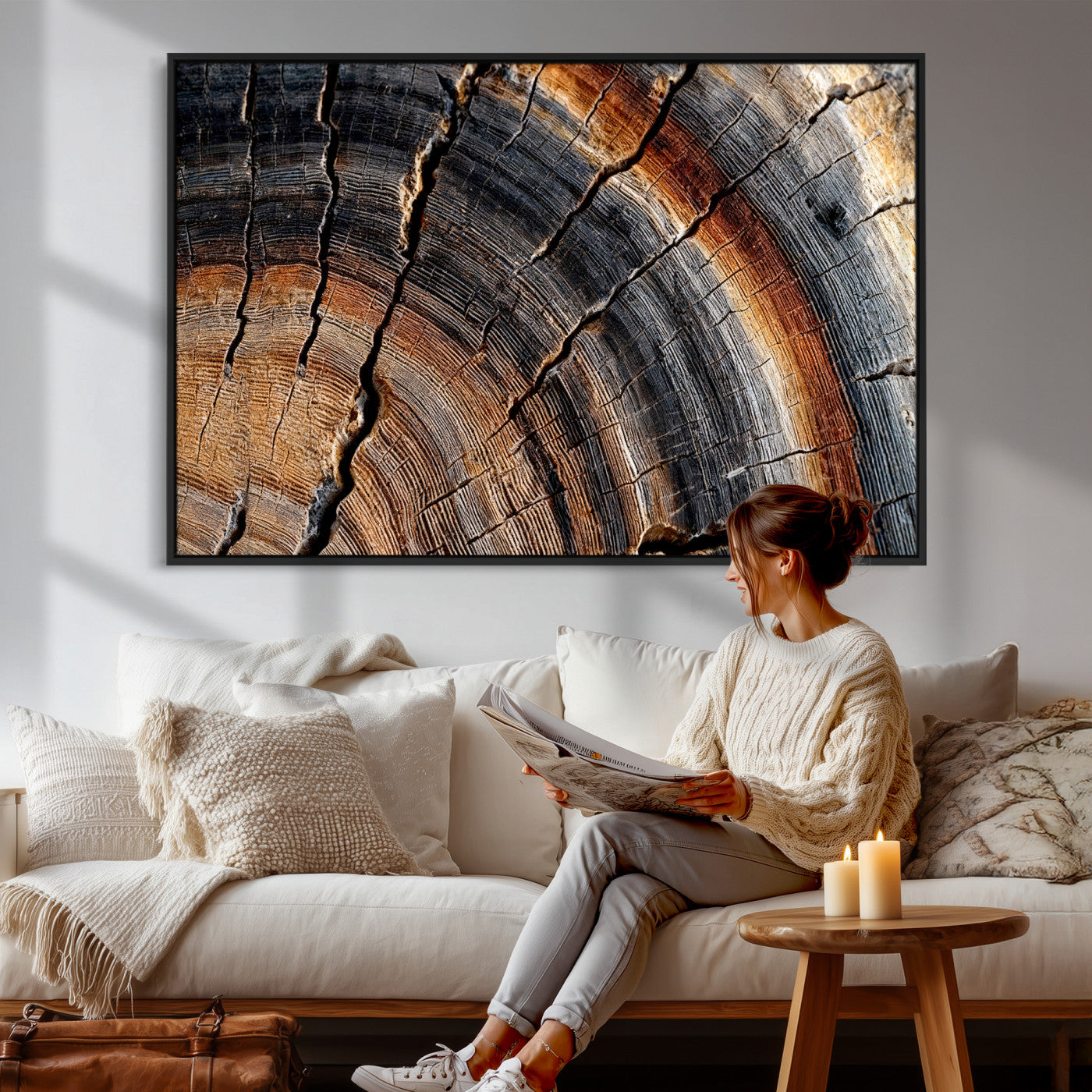 92693966E-MGV-CV-36X24 - Framed Large Abstract Wood Grain Canvas Print, Tree Ring Pattern Wall Art, Framed Canvas Ready to Hang