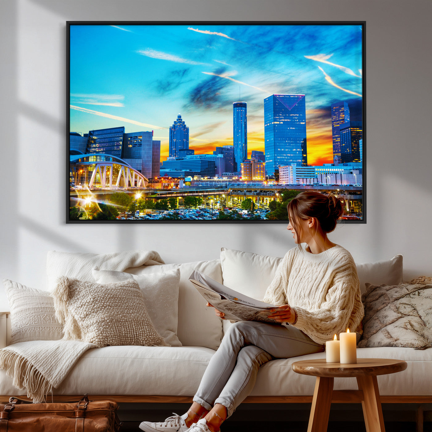 23097797-MGV-CV-36X24 - Atlanta Skyline Wall Art Canvas Print, Atlanta Downtown Night Cityscape Print for Modern Urban Wall Decor