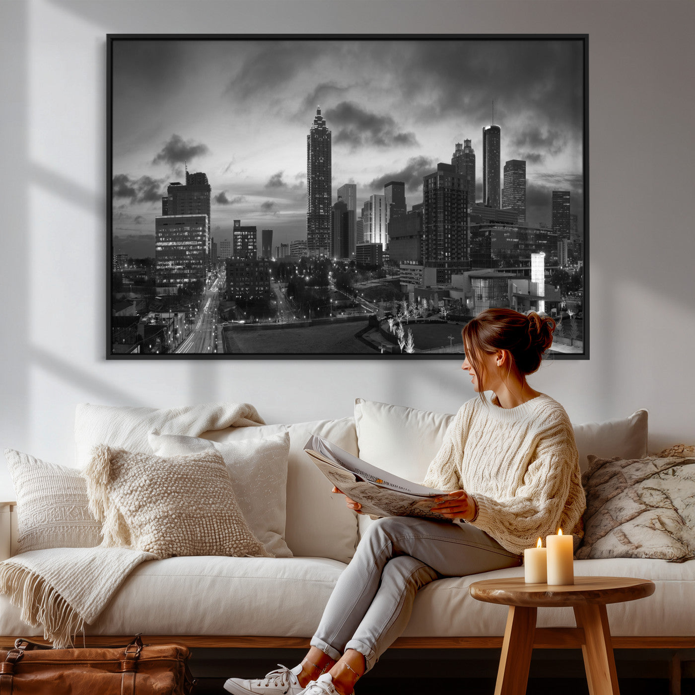 91959506-MGV-CV-36X24 - Atlanta Skyline Wall Art Canvas Print, Atlanta Downtown Night Cityscape Print for Modern Urban Wall Decor