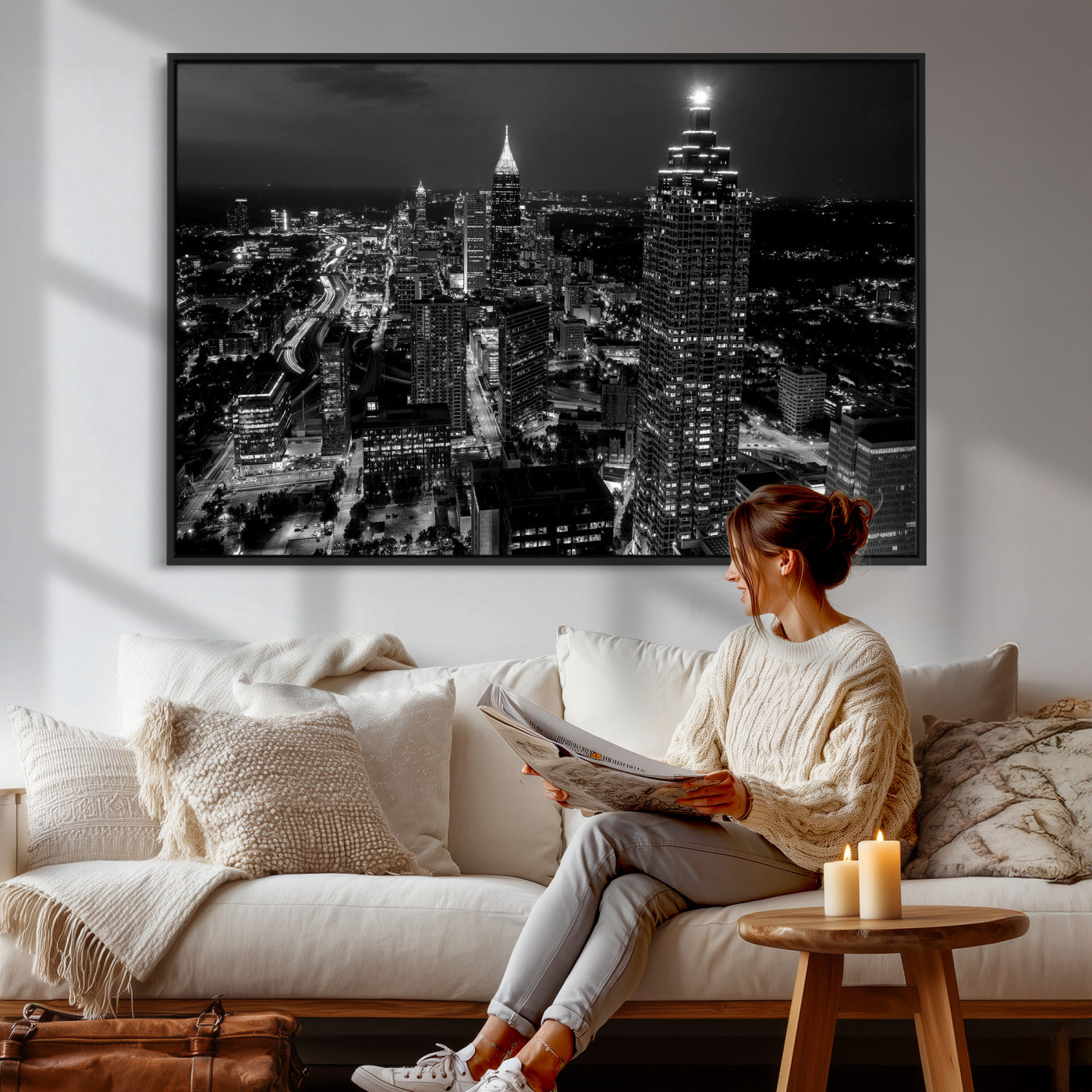 56773510-MGV-CV-36X24 - Atlanta Skyline Wall Art Canvas Print, Atlanta Downtown Night Cityscape Print for Modern Urban Wall Decor
