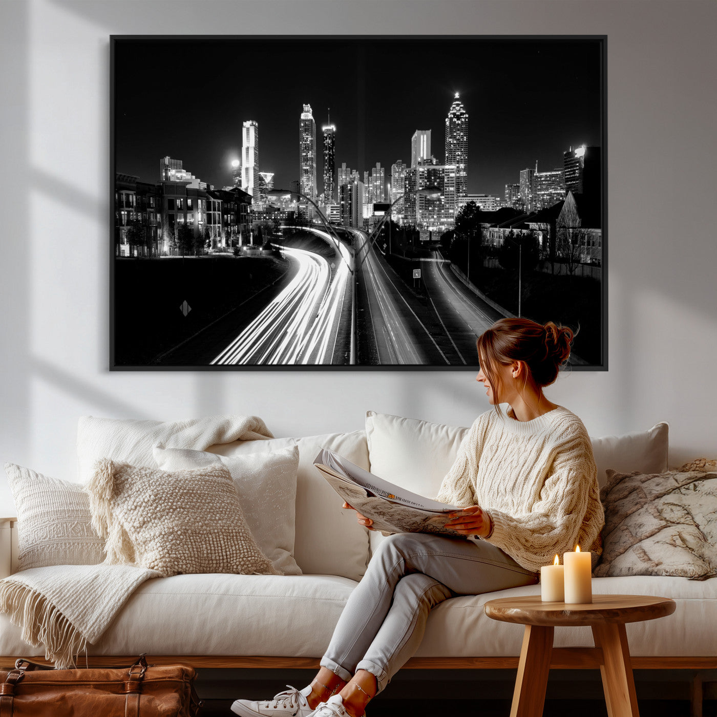 80330064-MGV-CV-36X24 - Atlanta Skyline Wall Art Canvas Print, Atlanta Downtown Night Cityscape Print for Modern Urban Wall Decor