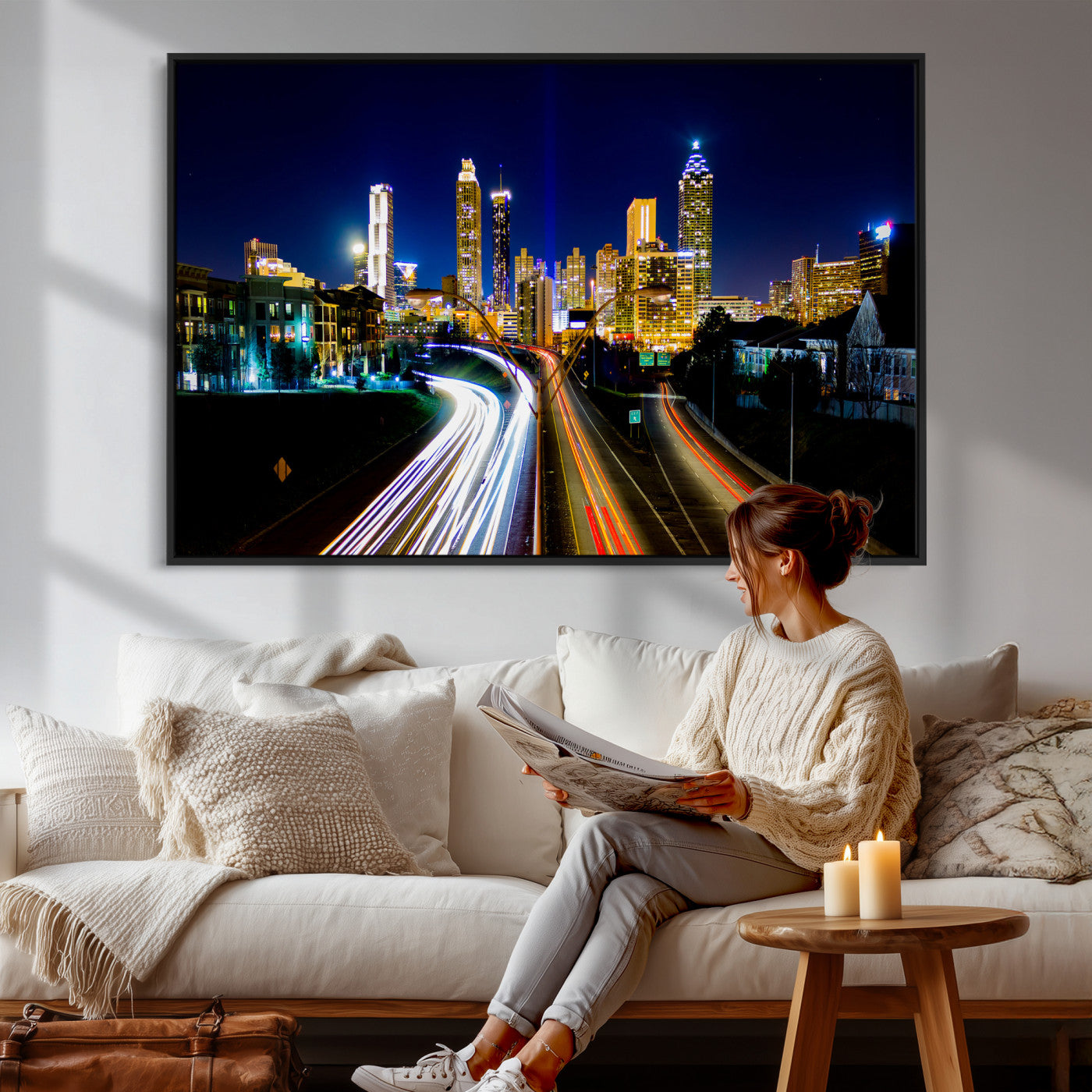 12967464-MGV-CV-36X24 - Atlanta Skyline Wall Art Canvas Print, Atlanta Downtown Night Cityscape Print for Modern Urban Wall Decor
