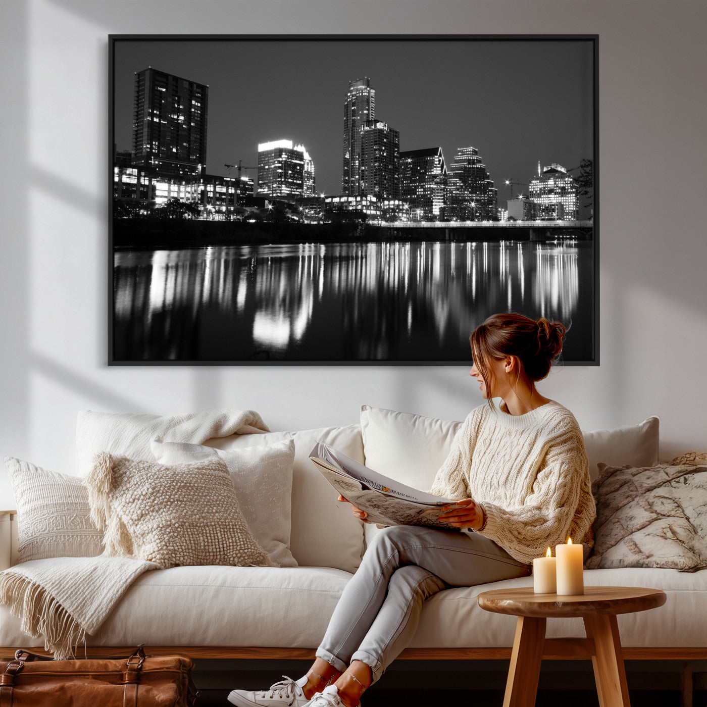 38129554-MGV-CV-36X24 - Austin Skyline Wall Art Canvas Print, Austin Downtown Night Cityscape Print for Modern Urban Wall Decor