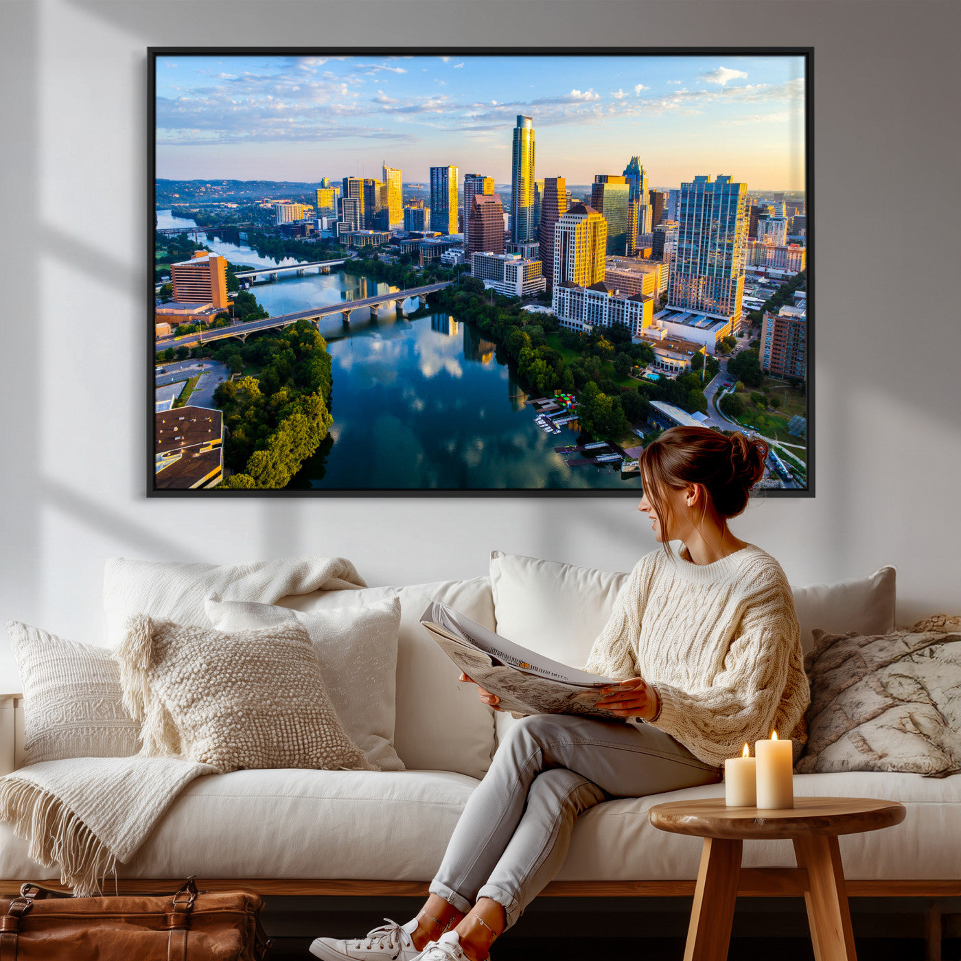 33675326-MGV-CV-36X24 - Austin Skyline Wall Art Canvas Print, Austin Downtown Night Cityscape Print for Modern Urban Wall Decor