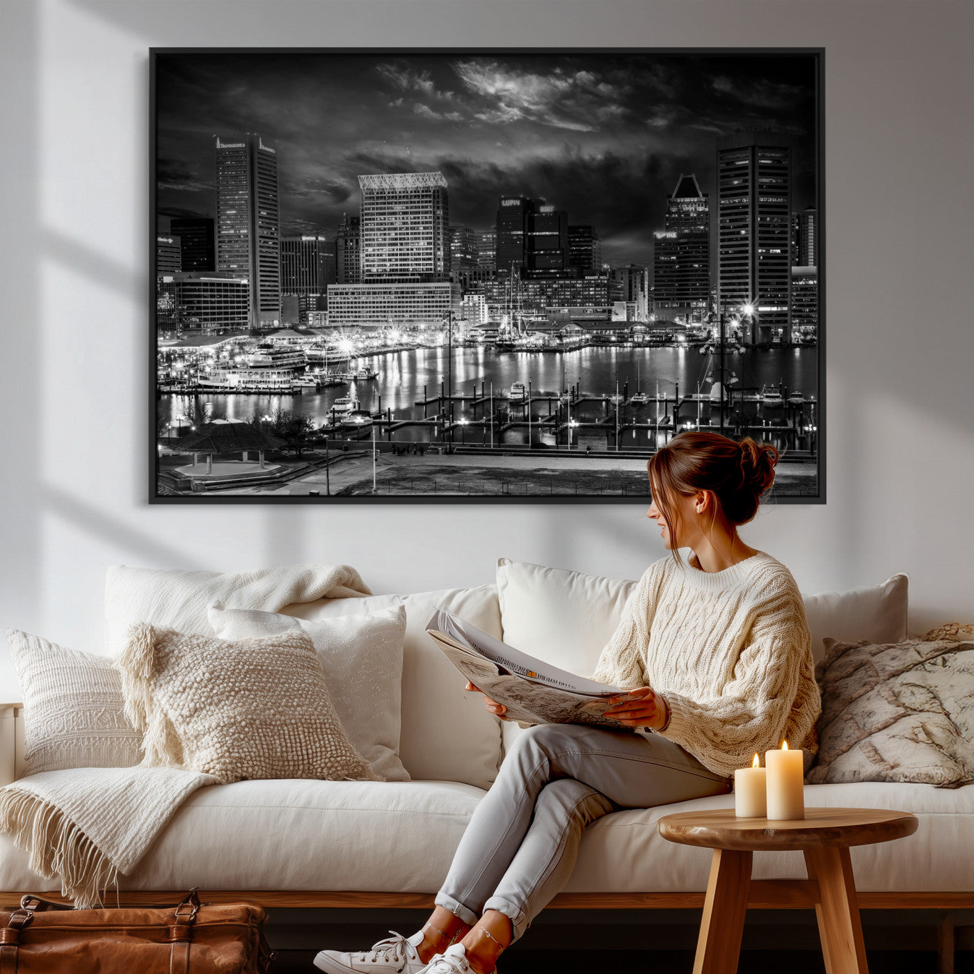 79755655-MGV-CV-36X24 - Baltimore Skyline Wall Art Canvas Print, Baltimore Downtown Night Cityscape Print for Modern Urban Wall Decor