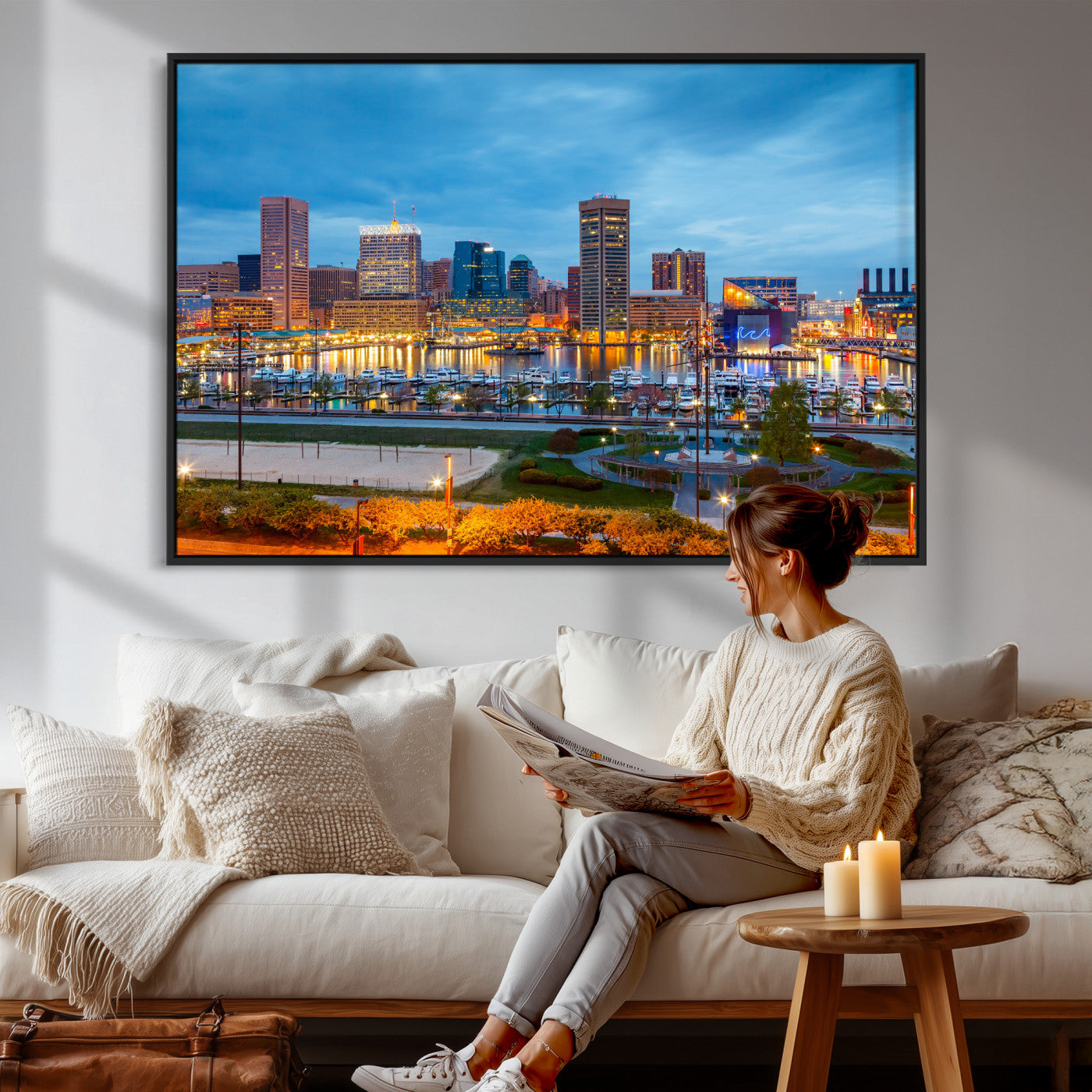 78635089-MGV-CV-36X24 - Baltimore Skyline Wall Art Canvas Print, Baltimore Downtown Night Cityscape Print for Modern Urban Wall Decor