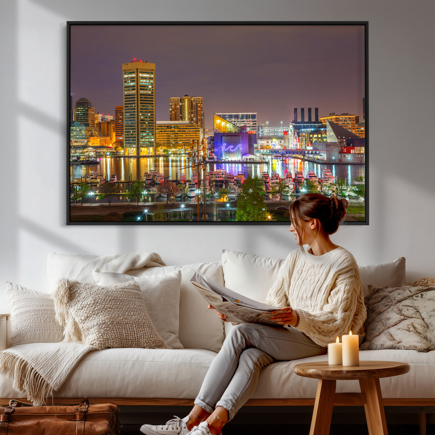 42654823-MGV-CV-36X24 - Baltimore Skyline Wall Art Canvas Print, Baltimore Downtown Night Cityscape Print for Modern Urban Wall Decor