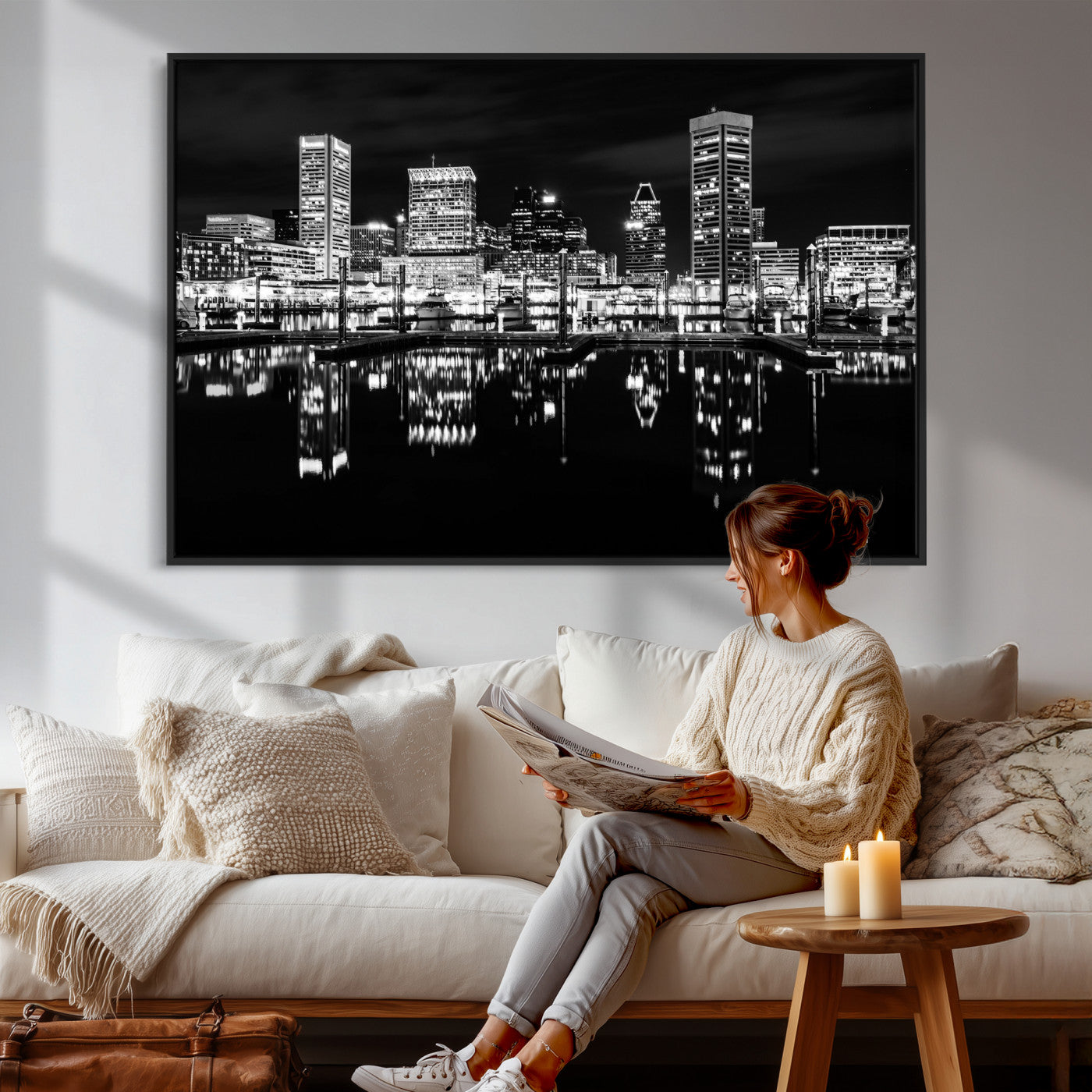 69187681-MGV-CV-36X24 - Baltimore Skyline Wall Art Canvas Print, Baltimore Downtown Night Cityscape Print for Modern Urban Wall Decor