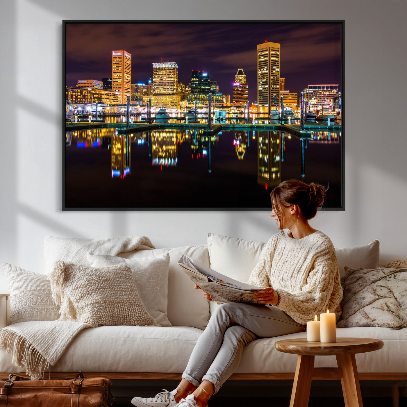 38201692-MGV-CV-36X24 - Baltimore Skyline Wall Art Canvas Print, Baltimore Downtown Night Cityscape Print for Modern Urban Wall Decor