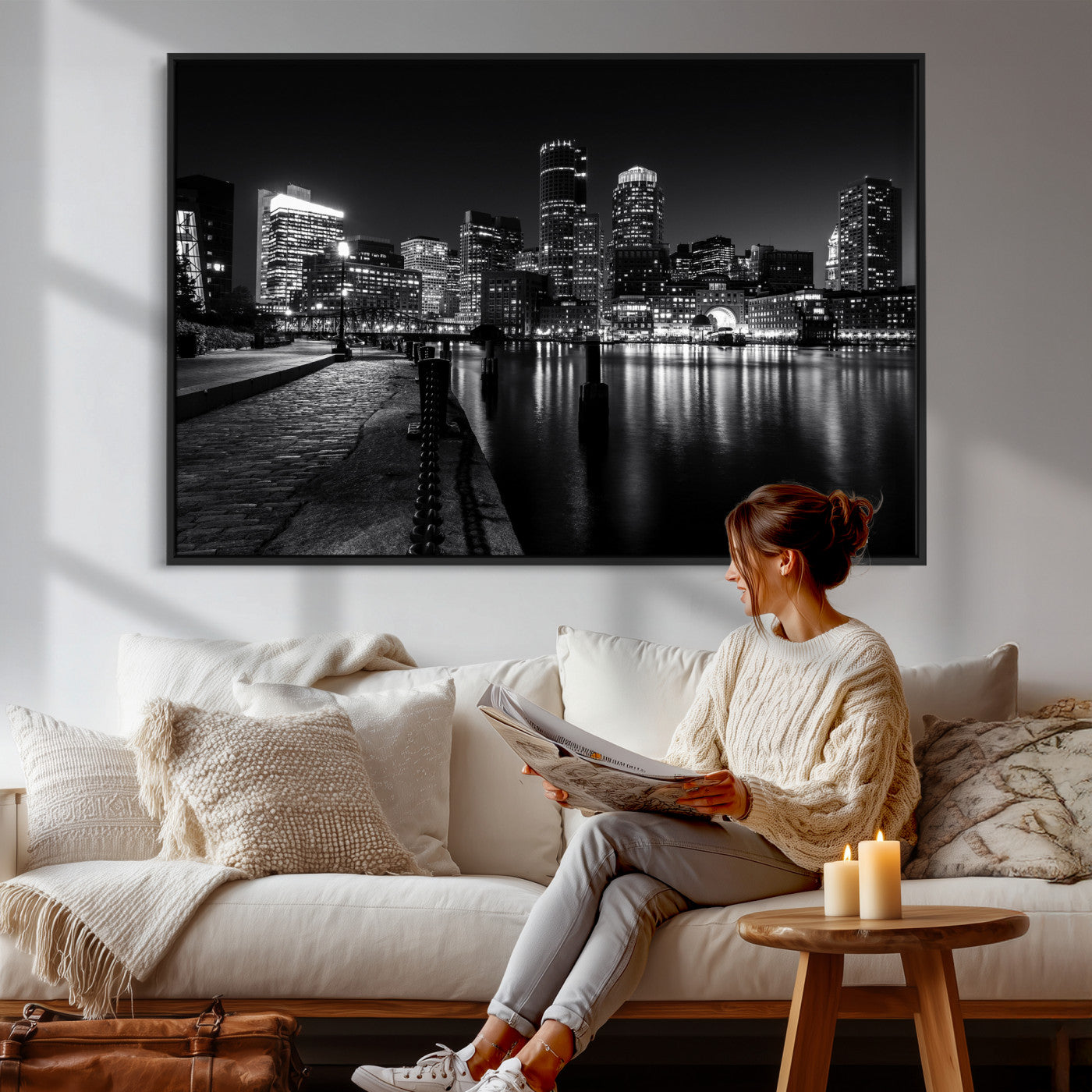 53082656-MGV-CV-36X24 - Boston Wall Art Canvas Print, Boston City Downtown Night Cityscape Print for Modern Urban Wall Decor