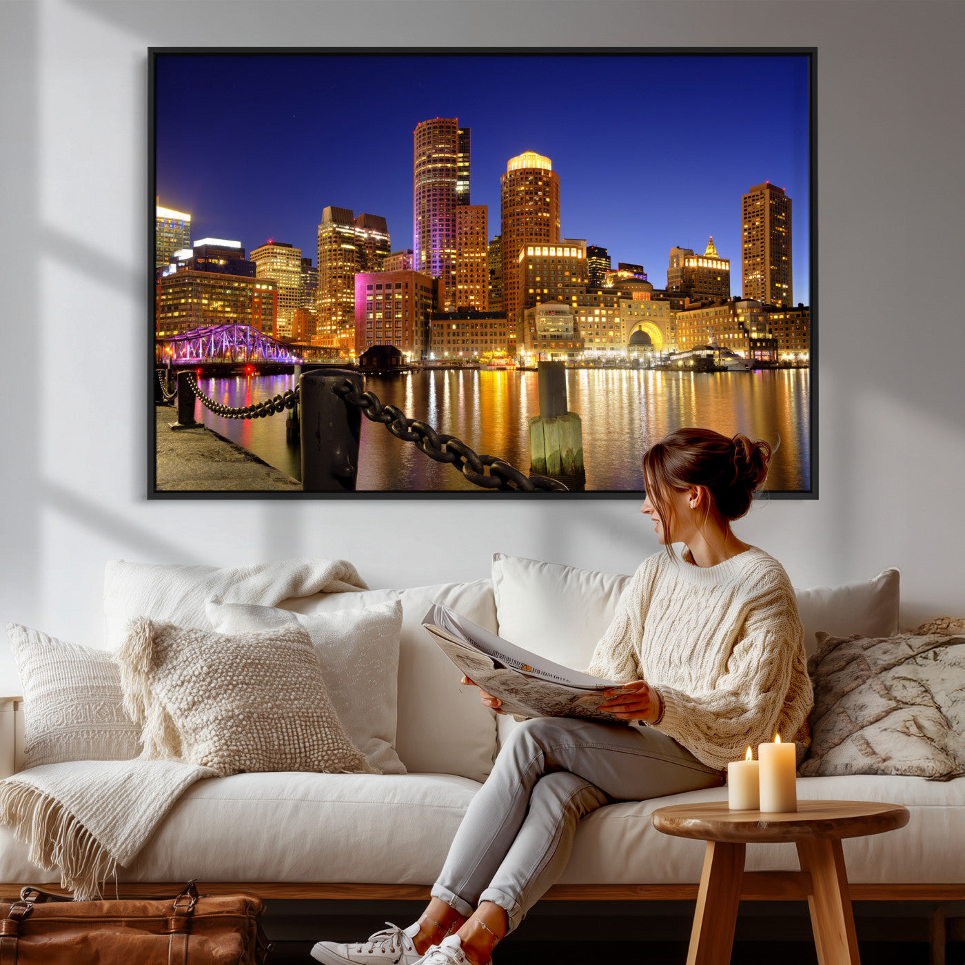 56611117-MGV-CV-36X24 - Boston Wall Art Canvas Print, Boston City Downtown Night Cityscape Print for Modern Urban Wall Decor